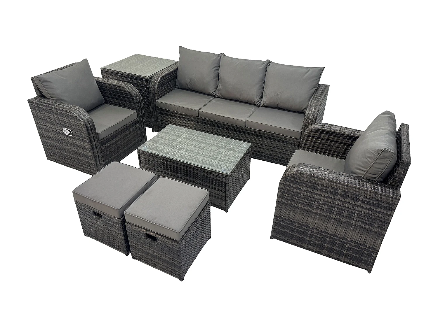 Salon de jardin exterieur Ensemble de canapés en rotin avec Chaise inclinable Table basse rectangulaire Table d'appoint 2 Petits tabourets Gris foncé mixte