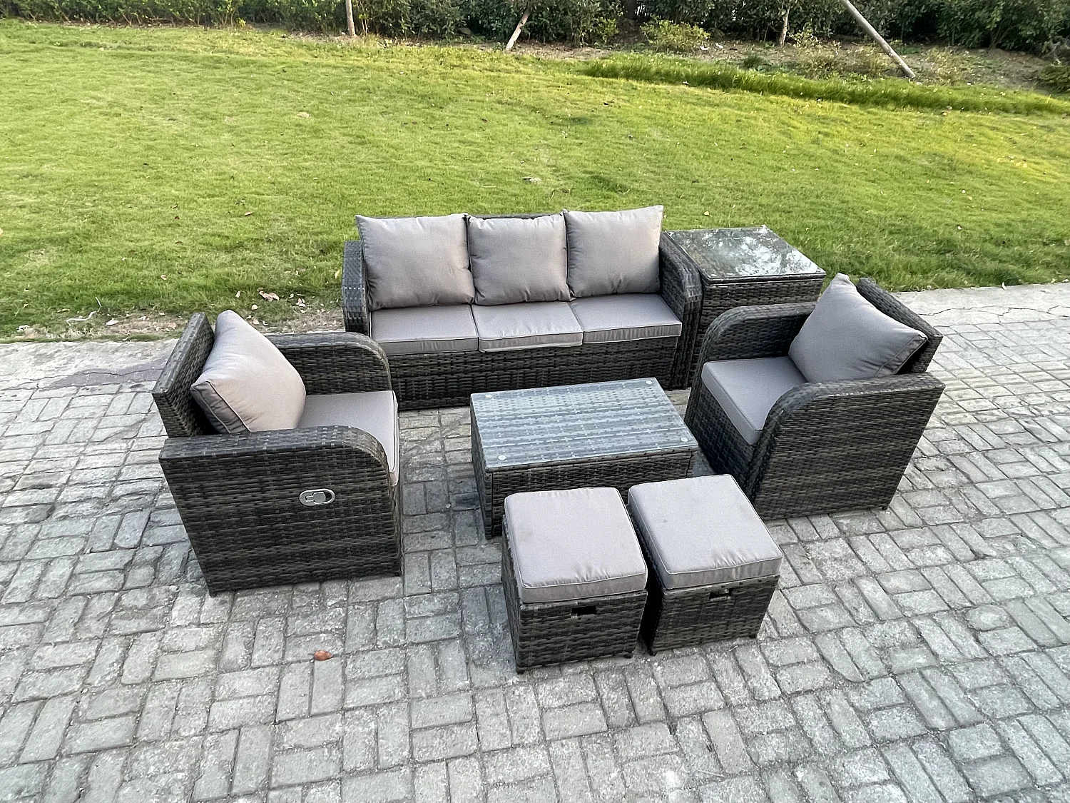 Salon de jardin exterieur Ensemble de canapés en rotin avec Chaise inclinable Table basse rectangulaire Table d'appoint 2 Petits tabourets Gris foncé mixte