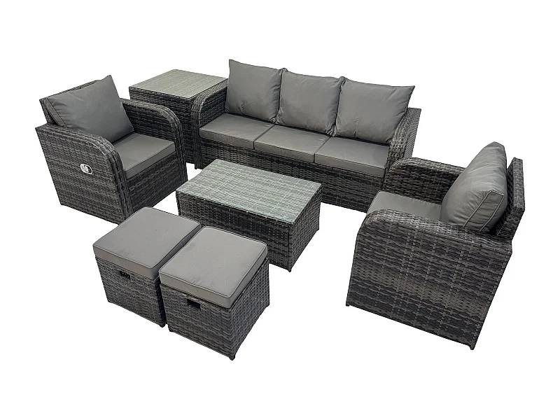 Salon de jardin exterieur Ensemble de canapés en rotin avec Chaise inclinable Table basse rectangulaire Table d'appoint 2 Petits tabourets Gris foncé mixte