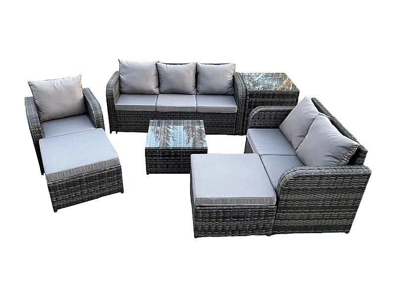 Rattan-Gartenmöbel 8-Sitzer Set Patio Tisch Sofa Stuhl Set mit Graue Kissen Beistelltisch 2 hohen Hockern