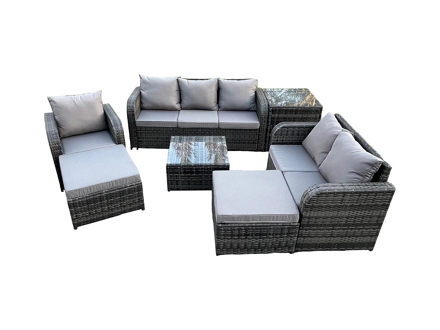 Rattan-Gartenmöbel 8-Sitzer Set Patio Tisch Sofa Stuhl Set mit Graue Kissen Beistelltisch 2 hohen Hockern