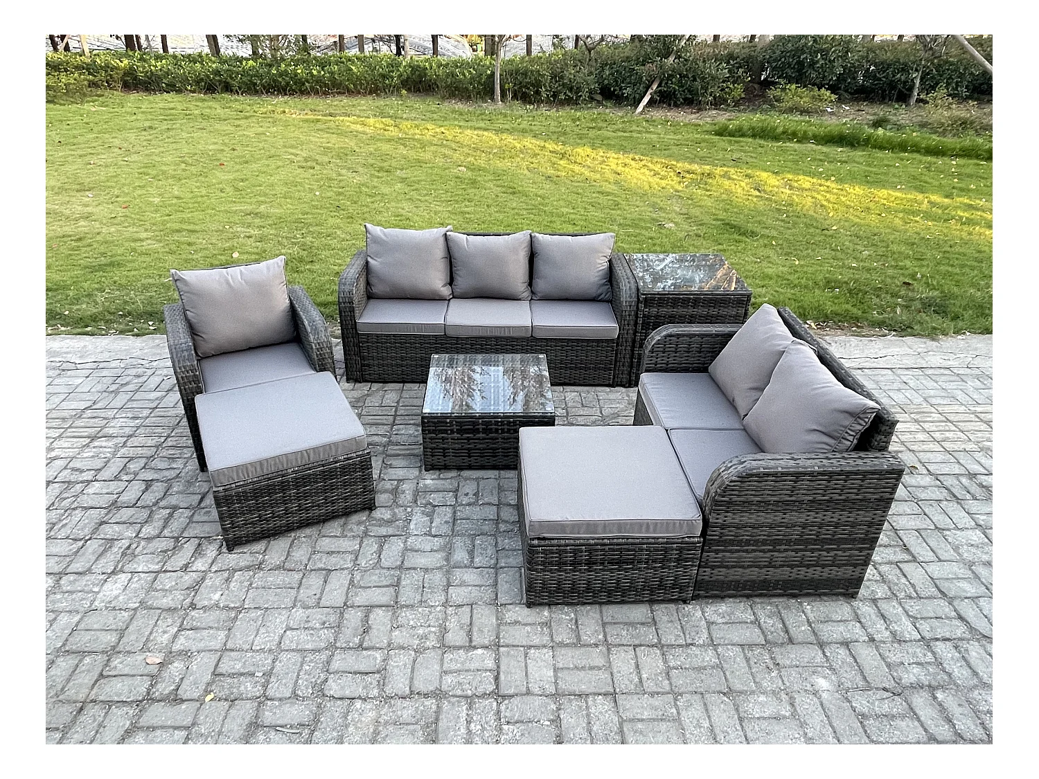Rattan-Gartenmöbel 8-Sitzer Set Patio Tisch Sofa Stuhl Set mit Graue Kissen Beistelltisch 2 hohen Hockern