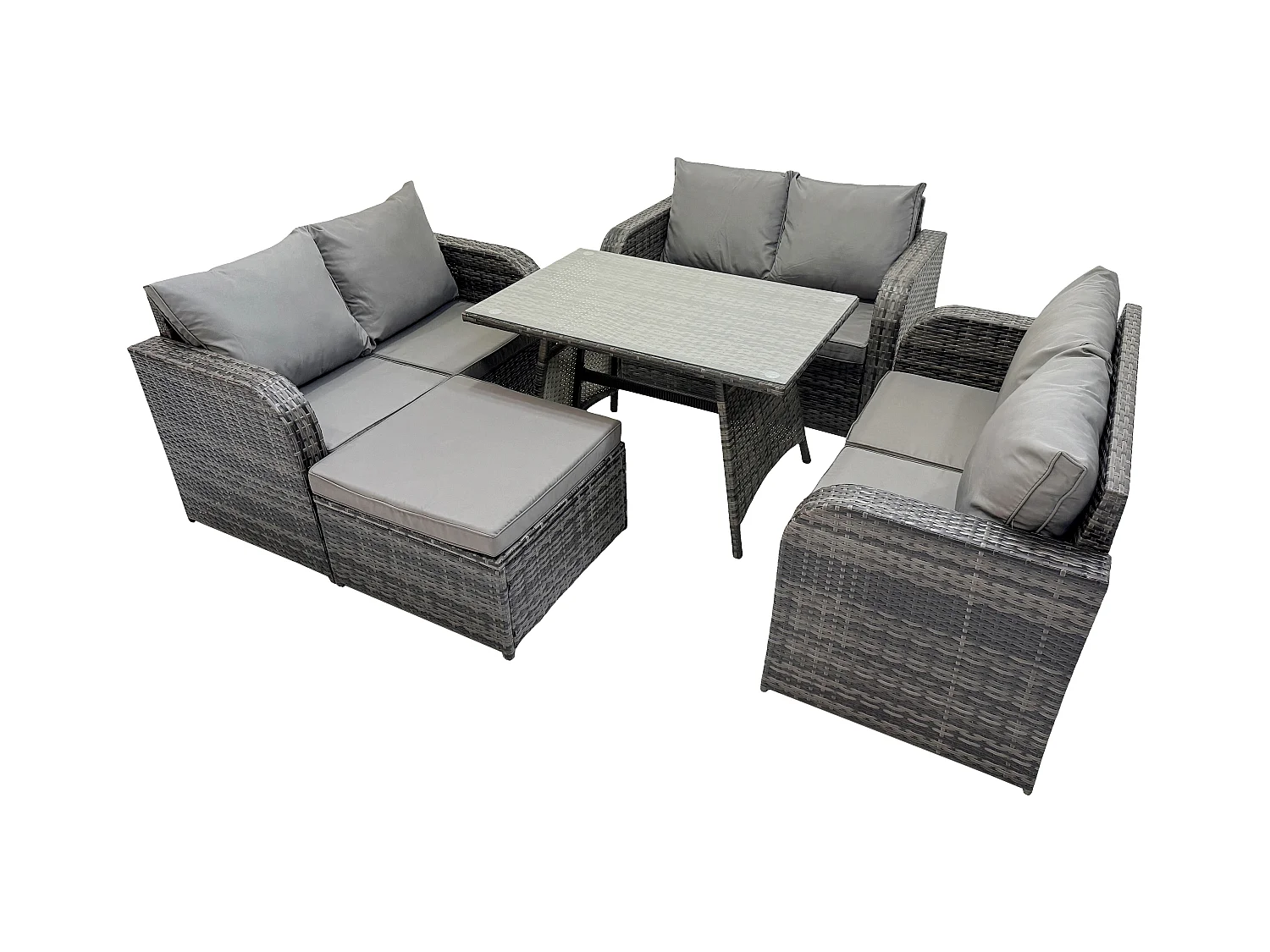 Salon de jardin 7 places avec Canapé d'amour Table à manger rectangulaire Grand tabouret Gris foncé mixte