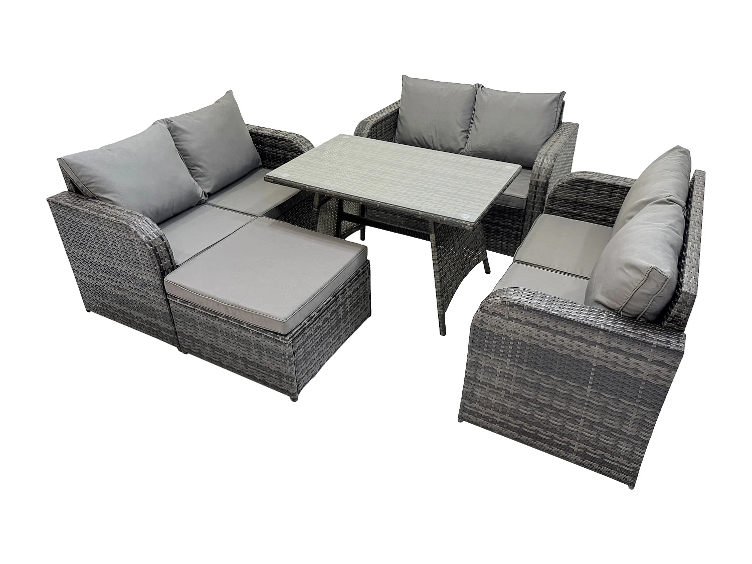Polyrattan Gartenmöbel Set 7-Sitzer Gartensofa Set mit Rechteckiger Esstisch 2 Großer Hockern Dunkelgrau Gemischt