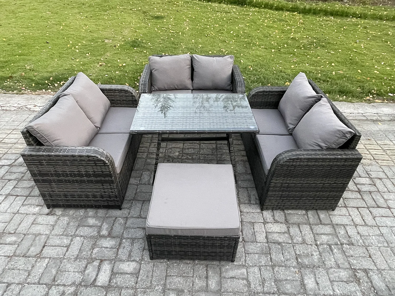 Polyrattan Gartenmöbel Set 7-Sitzer Gartensofa Set mit Rechteckiger Esstisch 2 Großer Hockern Dunkelgrau Gemischt