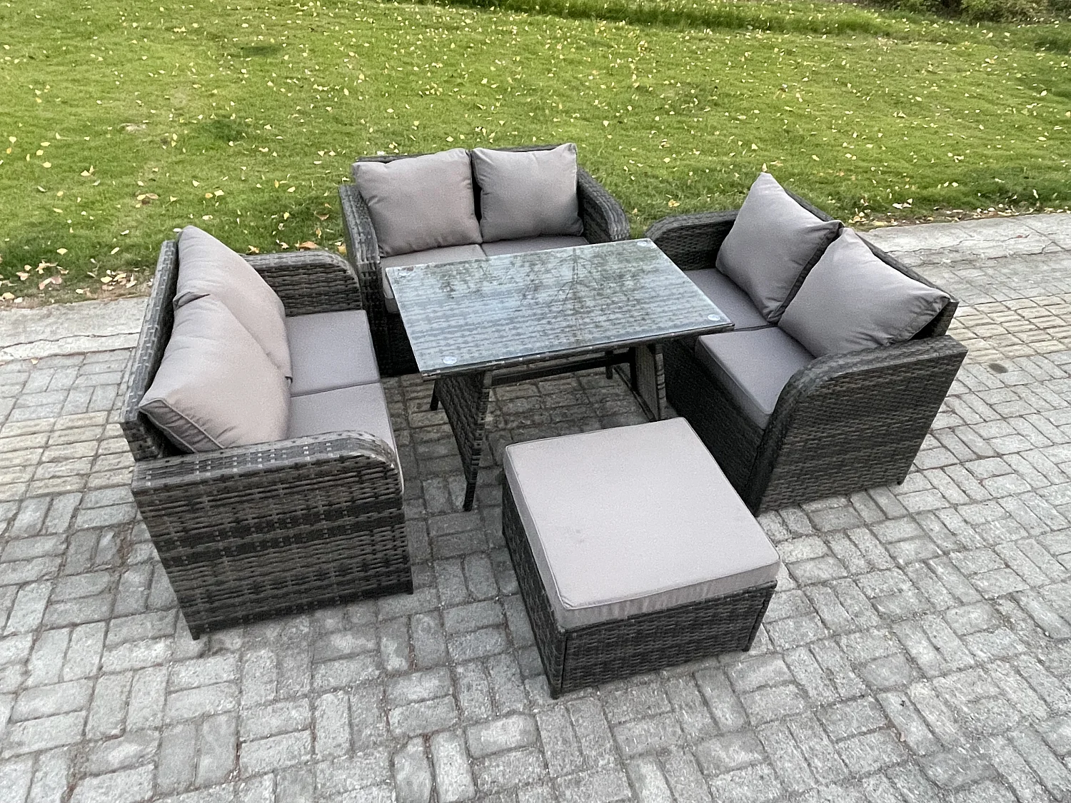 Polyrattan Gartenmöbel Set 7-Sitzer Gartensofa Set mit Rechteckiger Esstisch 2 Großer Hockern Dunkelgrau Gemischt