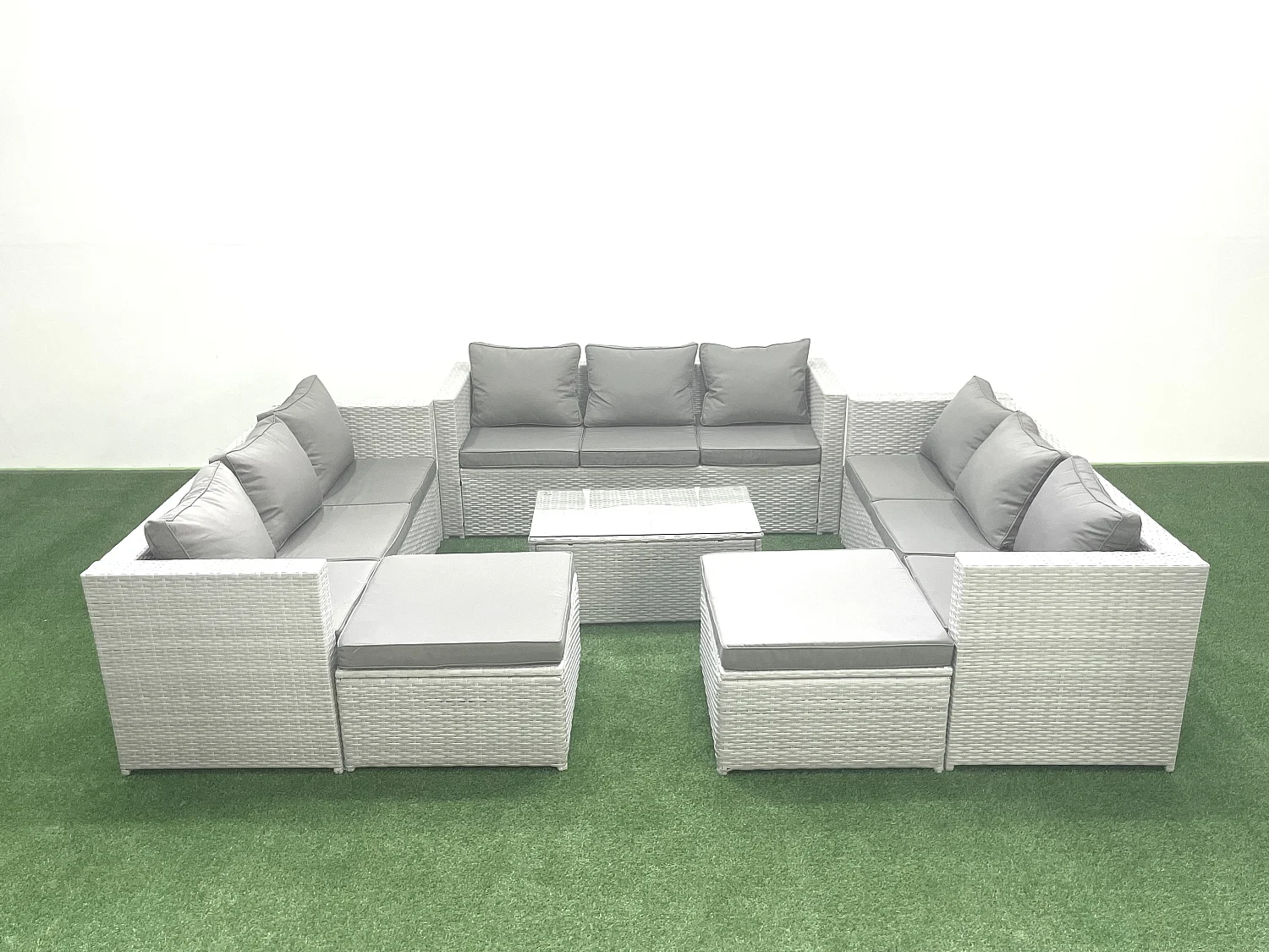 Gartenmöbel im Freien Polyrattan 11-Sitzer Garten Sofa Couchtisch Set mit 2 hohen Hockern Hellgrau gemischt