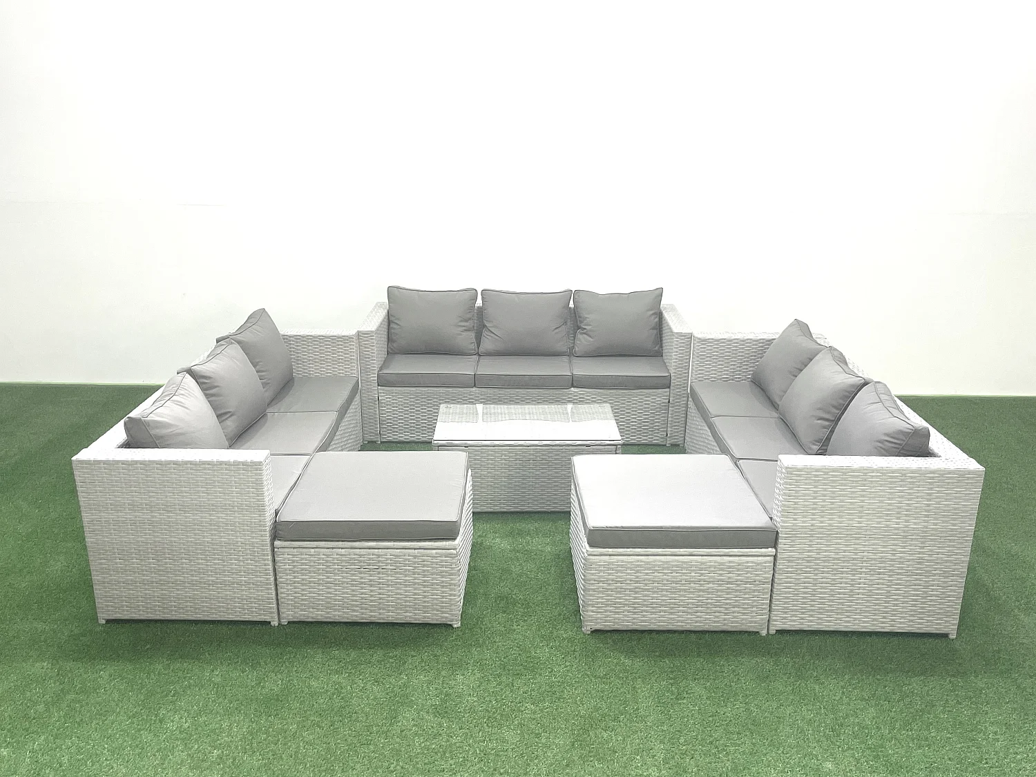 Gartenmöbel im Freien Polyrattan 11-Sitzer Garten Sofa Couchtisch Set mit 2 hohen Hockern Hellgrau gemischt