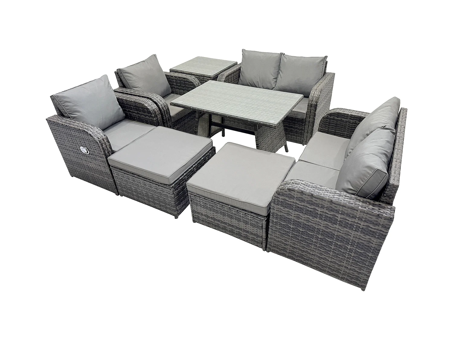 8 places Ensemble de canapé en rotin extérieur avec Table à manger rectangulaire Table d'appoint 2 Grand tabourets Gris foncé mixte