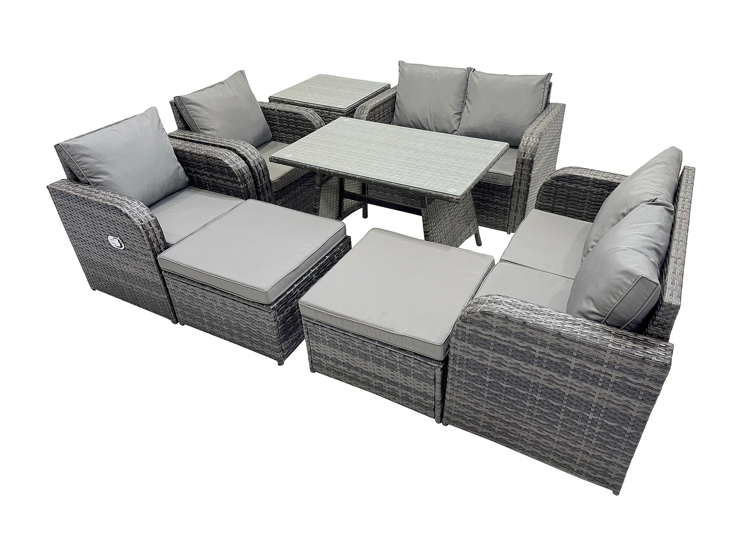 8-Sitzer Polyrattan Garten Esstisch Set Gartenmöbel Sofa mit Rechteckiger Esstisch Beistelltisch 2 hohen Hockern Dunkelgrau Gemischt