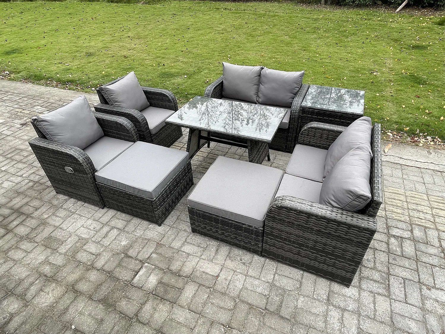 8-Sitzer Polyrattan Garten Esstisch Set Gartenmöbel Sofa mit Rechteckiger Esstisch Beistelltisch 2 hohen Hockern Dunkelgrau Gemischt