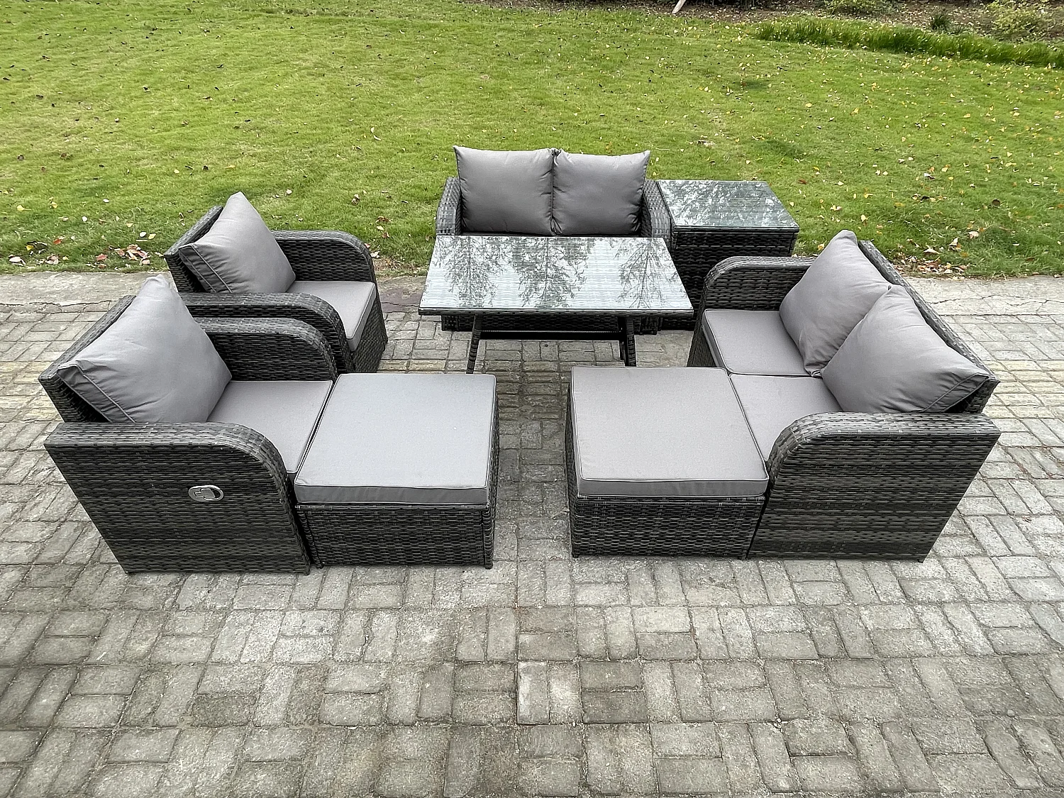 8-Sitzer Polyrattan Garten Esstisch Set Gartenmöbel Sofa mit Rechteckiger Esstisch Beistelltisch 2 hohen Hockern Dunkelgrau Gemischt