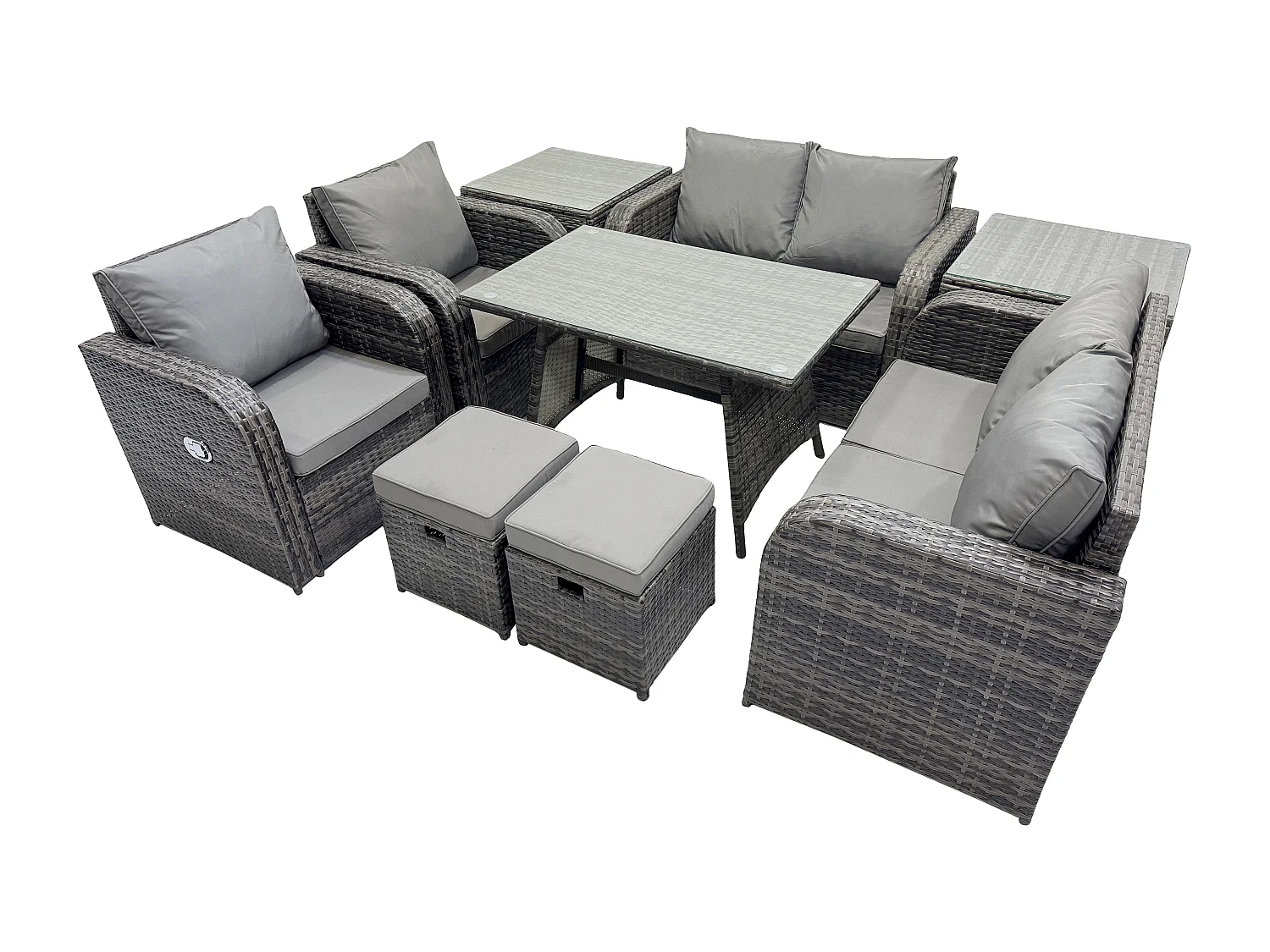 8-Sitzer Polyrattan Garten Esstisch Set Gartenmöbel Sofa mit Rechteckiger Esstisch 2 Beistelltischen 2 kleine Fußhockern Dunkelgrau Gemischt