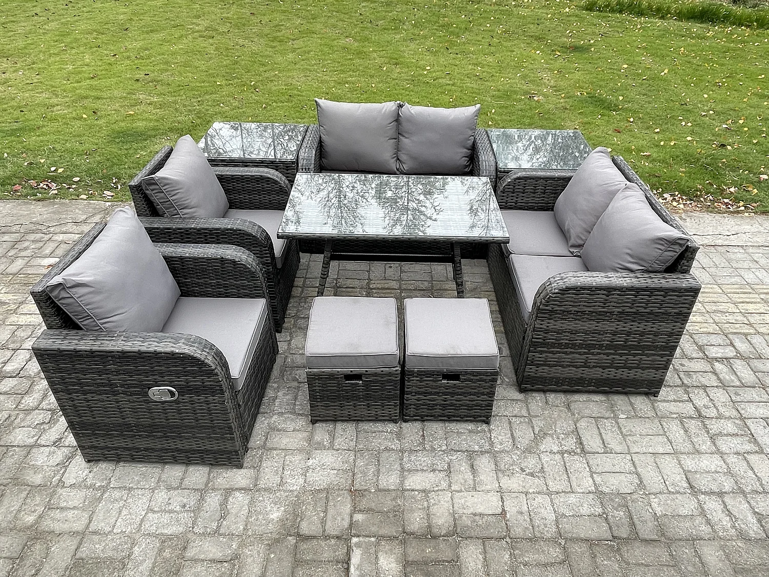 8-Sitzer Polyrattan Garten Esstisch Set Gartenmöbel Sofa mit Rechteckiger Esstisch 2 Beistelltischen 2 kleine Fußhockern Dunkelgrau Gemischt