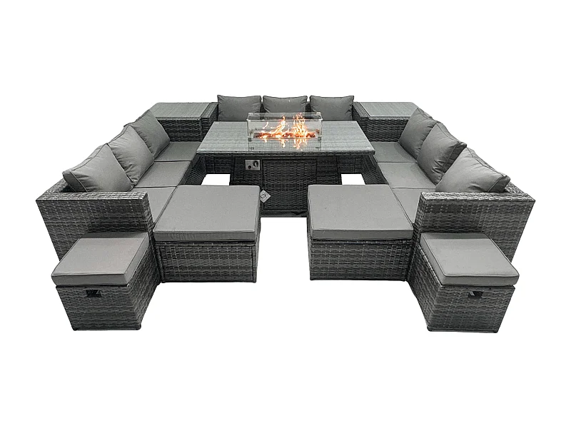 Ensemble de meubles de jardin en rotin ave Table de foyer à gaz 13 places Ensemble de canapés avec 4 Tabourets 2 Tables d'appoint