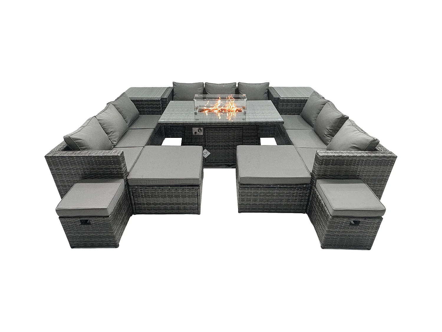 Ensemble de meubles de jardin en rotin ave Table de foyer à gaz 13 places Ensemble de canapés avec 4 Tabourets 2 Tables d'appoint