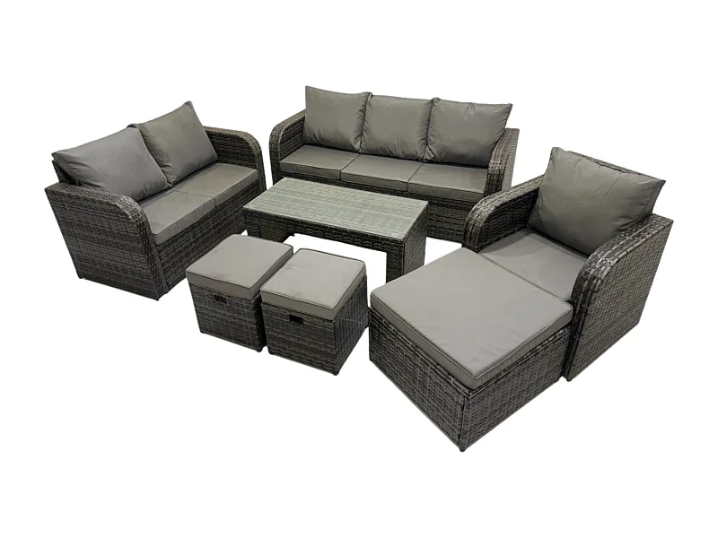 9-Sitzer Hoher Rücken Polyrattan Gartenmöbel Set mit Loveseat Sofa Rechteckiger Couchtisch 3 Hockern Garten Lounge Set Dunkelgrau Gemischt