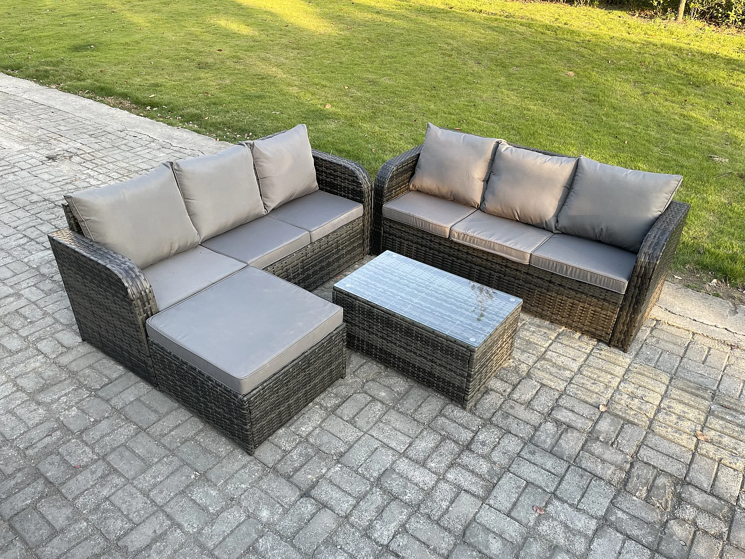 Gartenmöbel-Sets 7-Sitzer Polyrattan Möbel Sofa Sets mit Rechteckiger Couchtisch 3-Sitzer Sofa