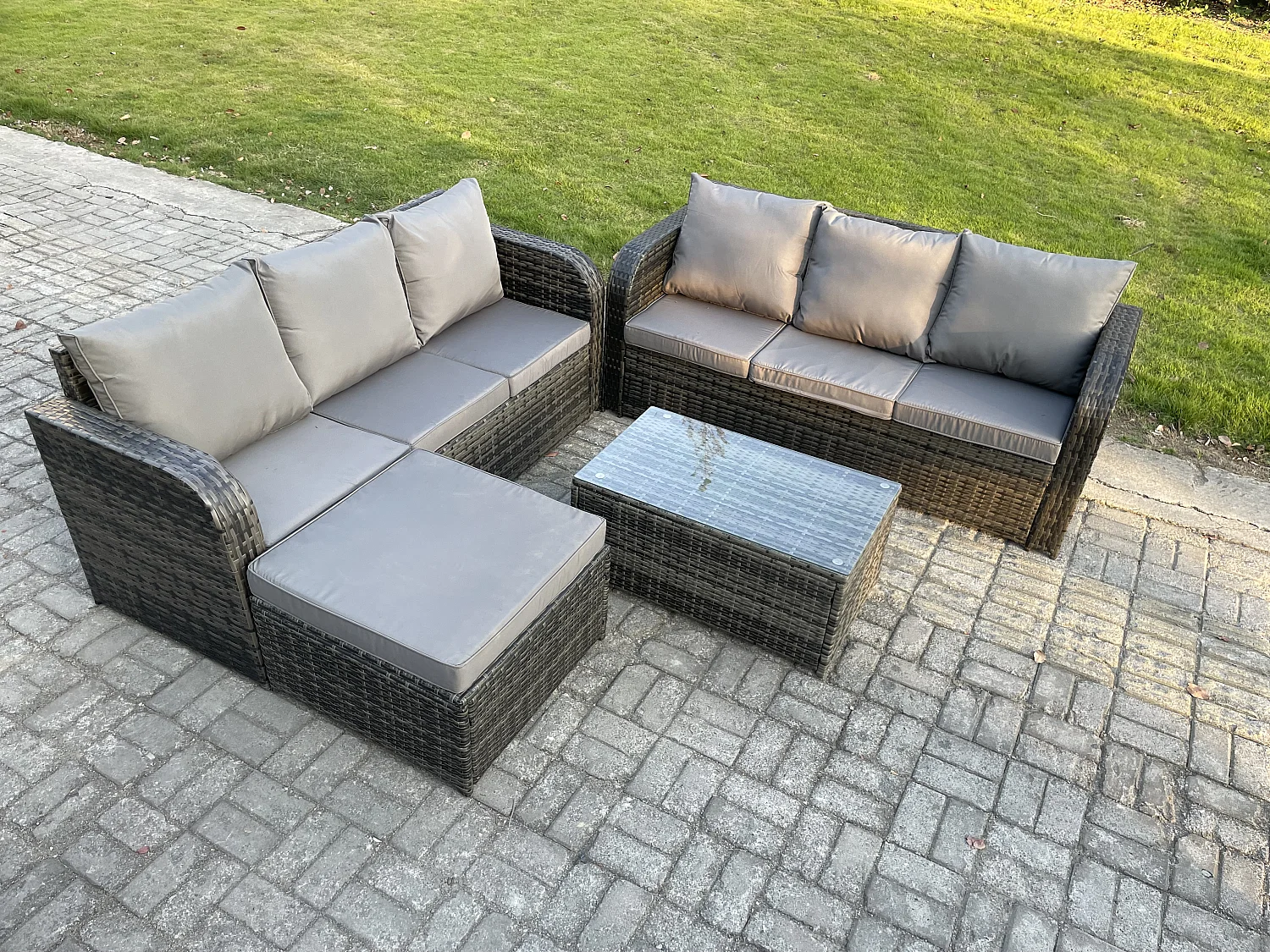 Gartenmöbel-Sets 7-Sitzer Polyrattan Möbel Sofa Sets mit Rechteckiger Couchtisch 3-Sitzer Sofa