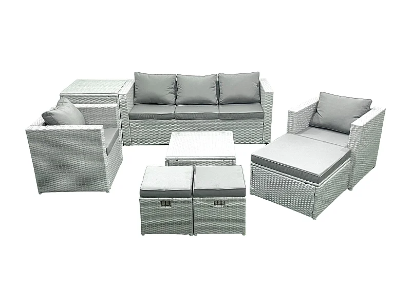 Ensemble de meubles d'extérieur en rotin avec Table basse carrée 2 Chaises 3 Tabourets Table d'appoint Gris clair mixte