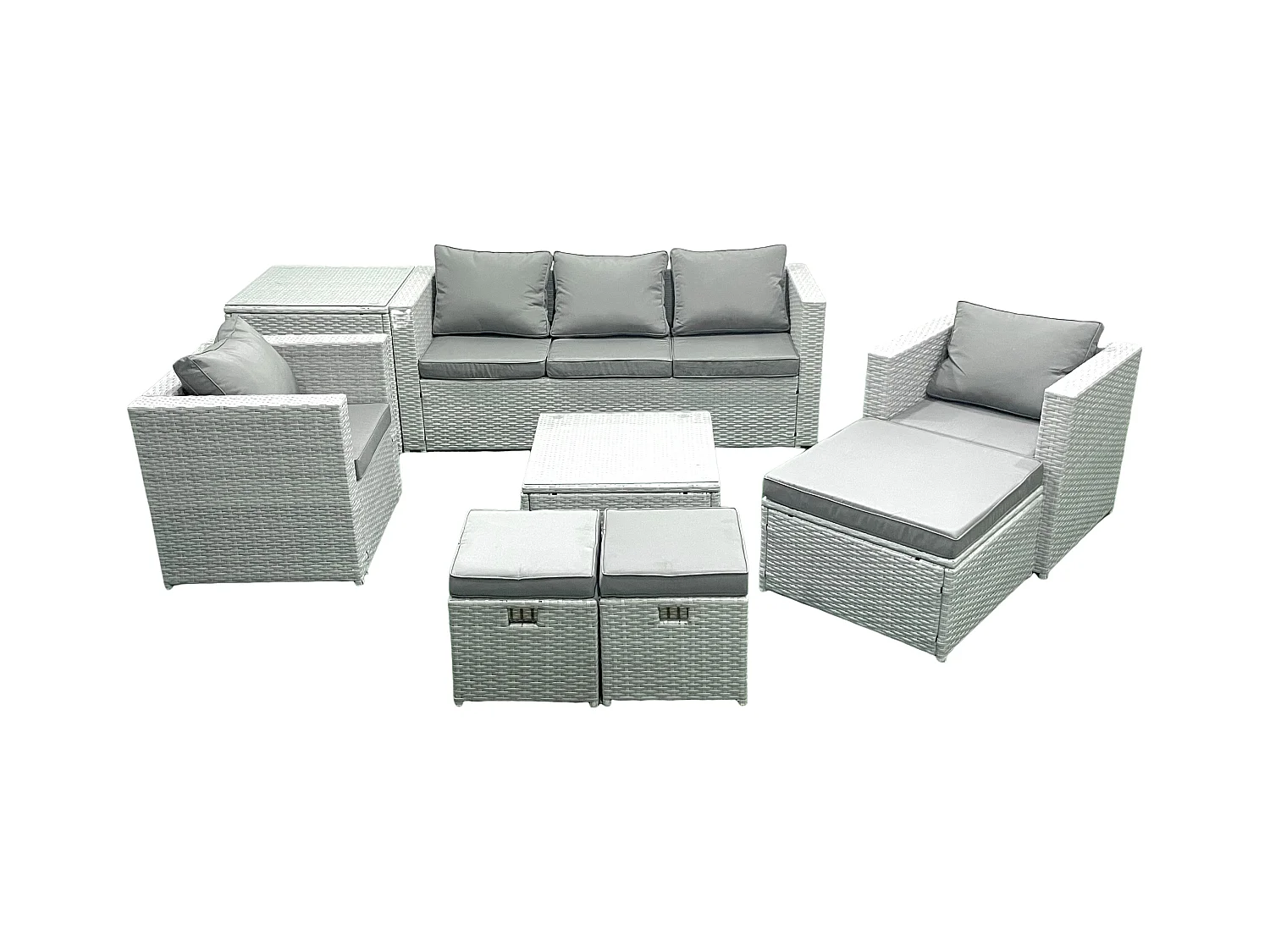 Ensemble de meubles d'extérieur en rotin avec Table basse carrée 2 Chaises 3 Tabourets Table d'appoint Gris clair mixte