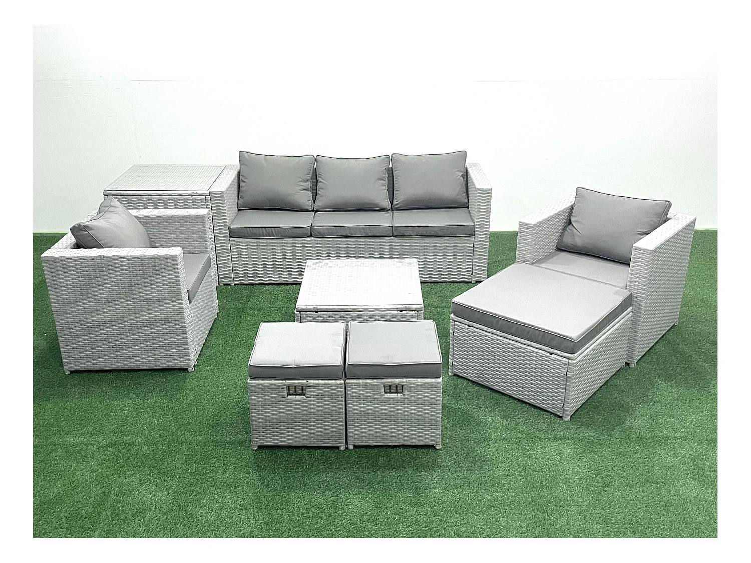 Ensemble de meubles d'extérieur en rotin avec Table basse carrée 2 Chaises 3 Tabourets Table d'appoint Gris clair mixte