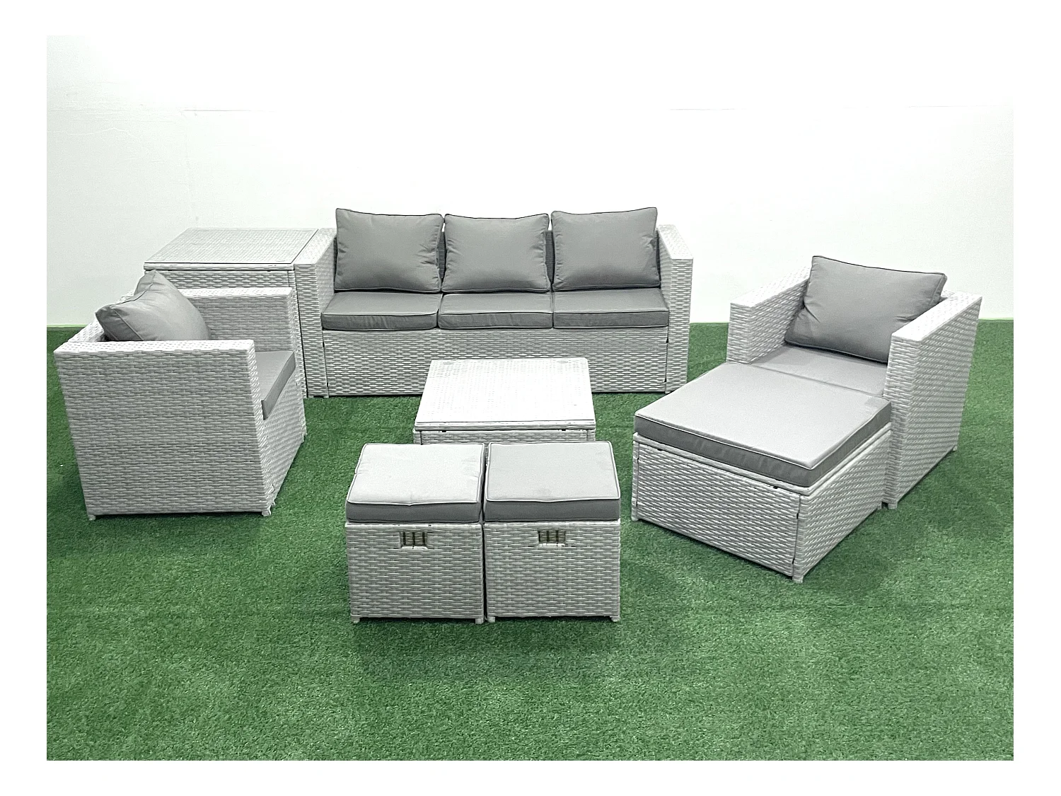 Ensemble de meubles d'extérieur en rotin avec Table basse carrée 2 Chaises 3 Tabourets Table d'appoint Gris clair mixte