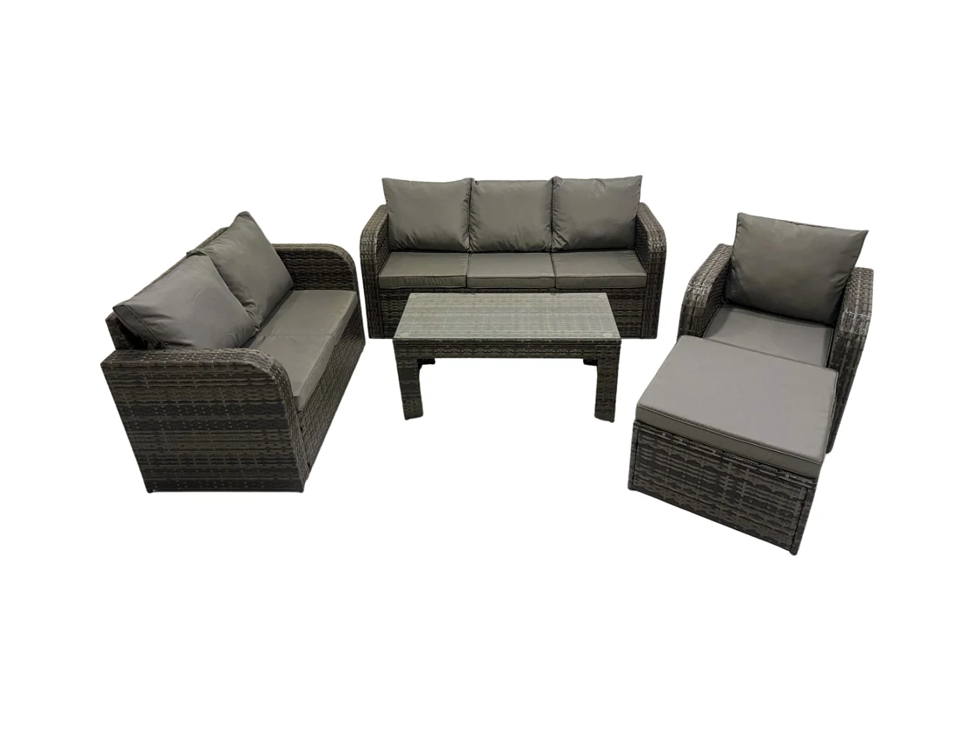 7 places Salon de jardin exterieur Ensemble de canapés en rotin avec Table basse rectangulaire Chaise inclinable Grand tabouret Gris foncé mixte