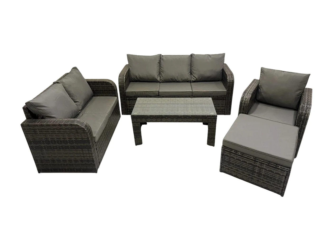 7-Sitzer Polyrattan Gartenmöbelset Rattan Lounge Sofa Set mit Rechteckiger Couchtisch Liegestühle 2 Großer Hockern Dunkelgrau Gemischt