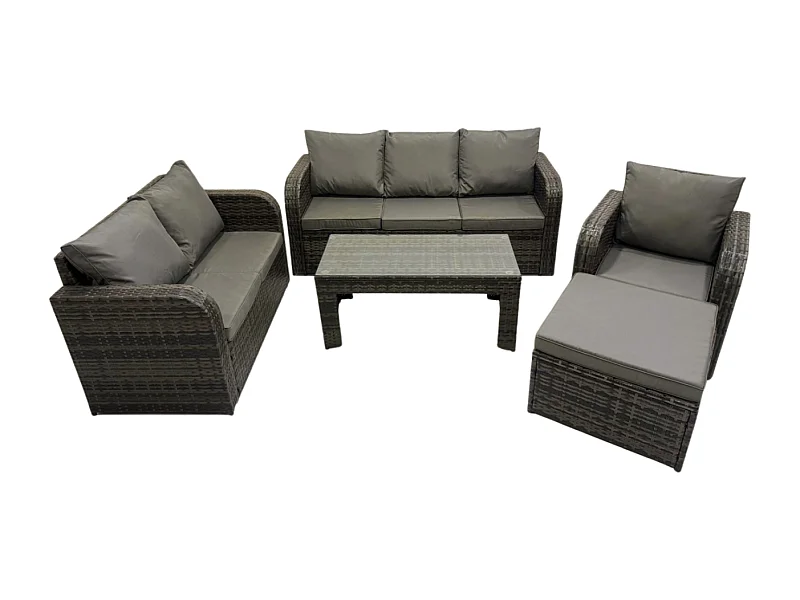7-Sitzer Polyrattan Gartenmöbelset Rattan Lounge Sofa Set mit Rechteckiger Couchtisch Liegestühle 2 Großer Hockern Dunkelgrau Gemischt