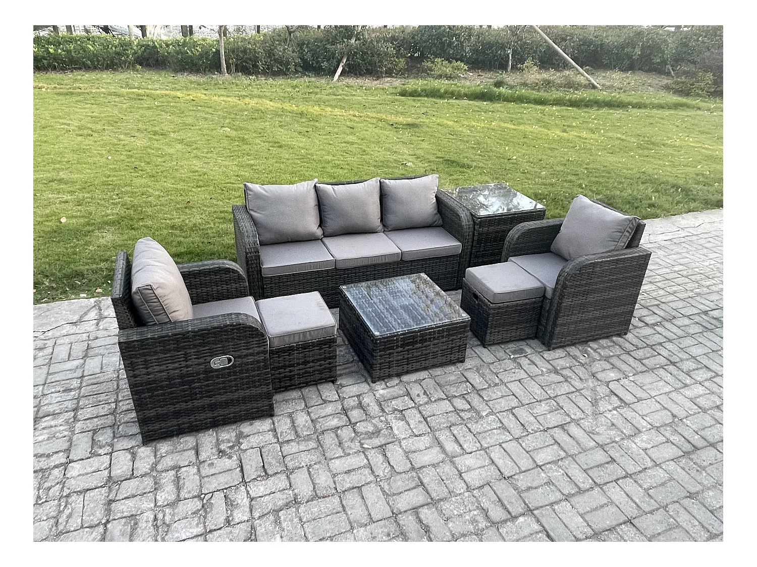 Ensembles de meubles de jardin 7 places Canapés de terrasse avec Chaise inclinable Canapé 3 places Table d'appoint 2 Petits tabourets Gris foncé mixte