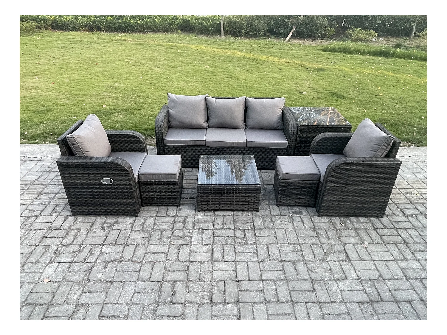 Ensembles de meubles de jardin 7 places Canapés de terrasse avec Chaise inclinable Canapé 3 places Table d'appoint 2 Petits tabourets Gris foncé mixte