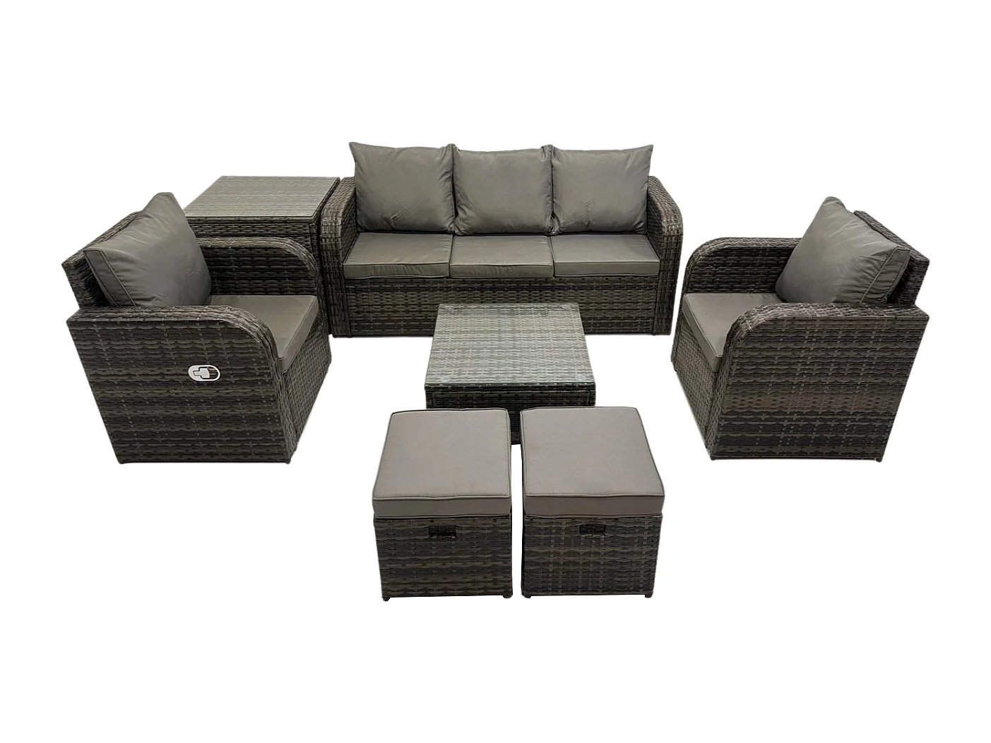 Gartenmöbelset 7-Sitzer Rattan Sofa Set mit Liegestühle 3-Sitzer Sofa Beistelltisch 2 kleine Fußhockern Dunkelgrau Gemischt