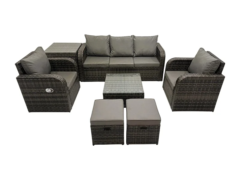 Gartenmöbelset 7-Sitzer Rattan Sofa Set mit Liegestühle 3-Sitzer Sofa Beistelltisch 2 kleine Fußhockern Dunkelgrau Gemischt