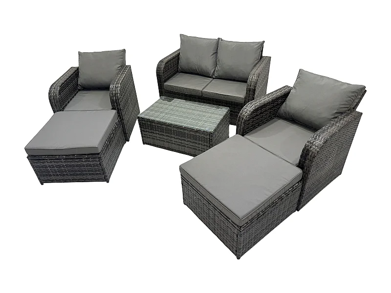 6 places Ensemble de meubles de jardin Canapés de terrasse Fauteuil avec Table en verre trempé 2 Grand tabourets Gris foncé mixte