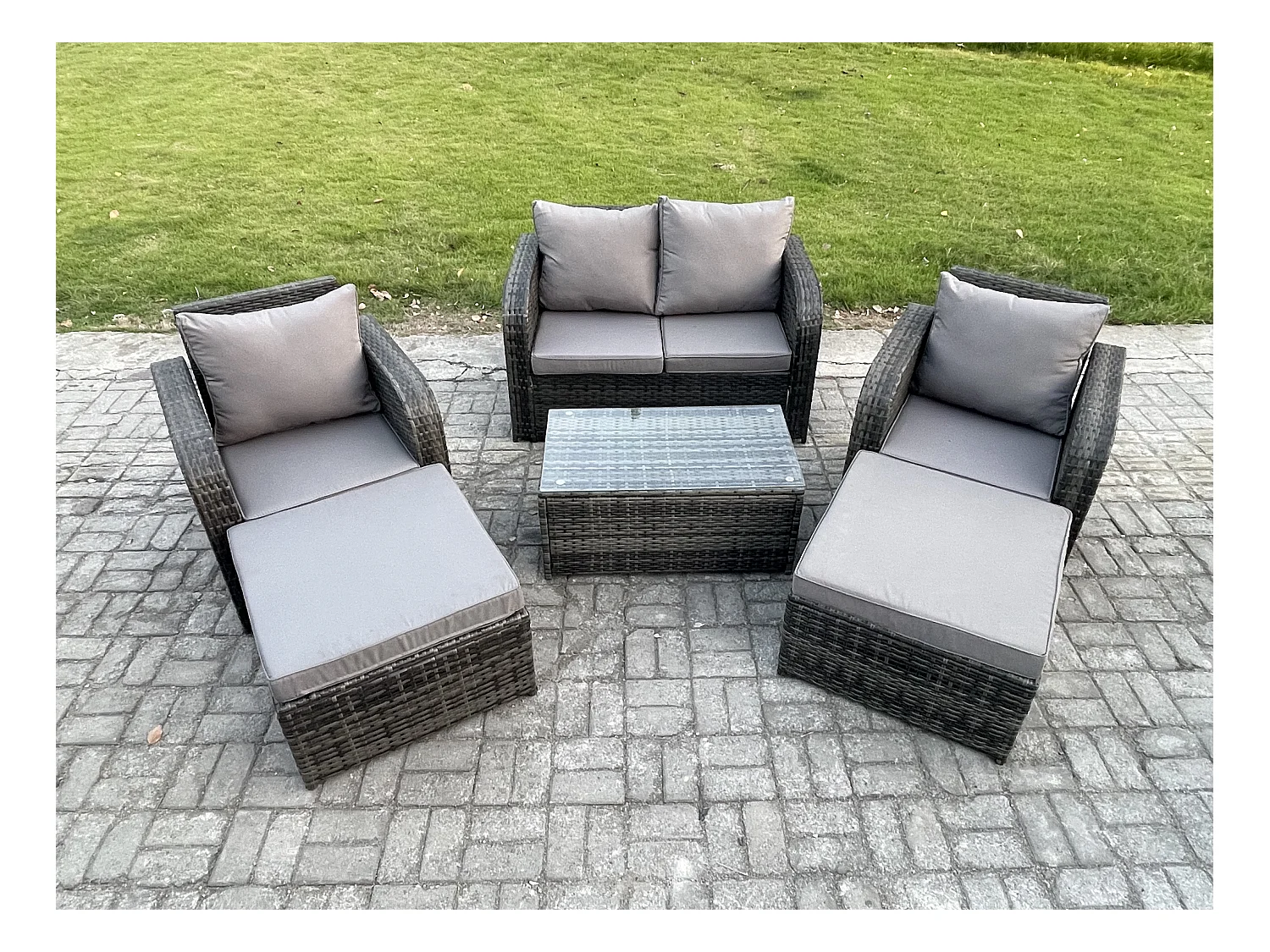 6-Sitzer Gartenmöbelset Rattan Garten Sofa im Freien Sessel mit Gehärteter Glastisch 2 hohen Hockern Dunkelgrau Gemischt