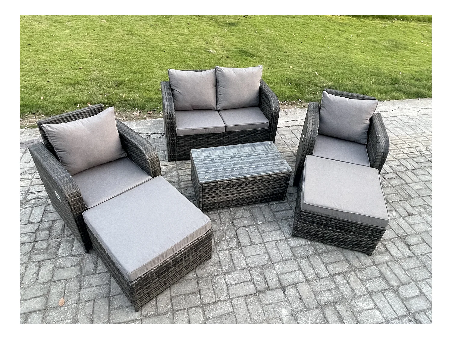 6-Sitzer Gartenmöbelset Rattan Garten Sofa im Freien Sessel mit Gehärteter Glastisch 2 hohen Hockern Dunkelgrau Gemischt