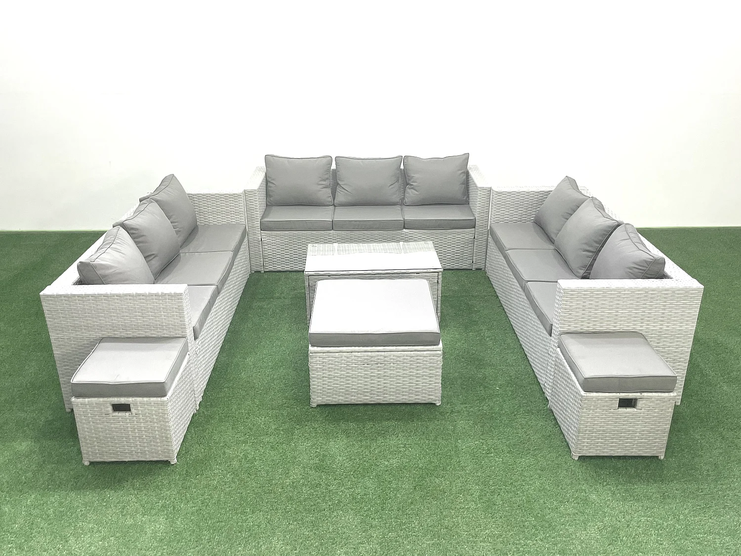 Ensemble de meubles de jardin en rotin 12 places avec Canapé de jardin Table basse 3 Tabourets Gris clair mixte