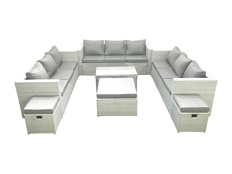 Ensemble de meubles de jardin en rotin 12 places avec Canapé de jardin Table basse 3 Tabourets Gris clair mixte