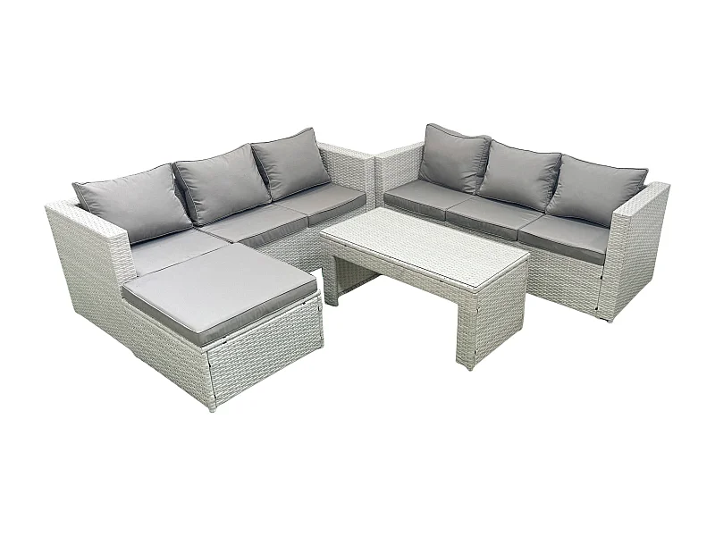 7 places Salon de Jardin Extérieur Canapé de jardin en rotin Table basse oblongue avec Grand tabouret Gris clair mixte