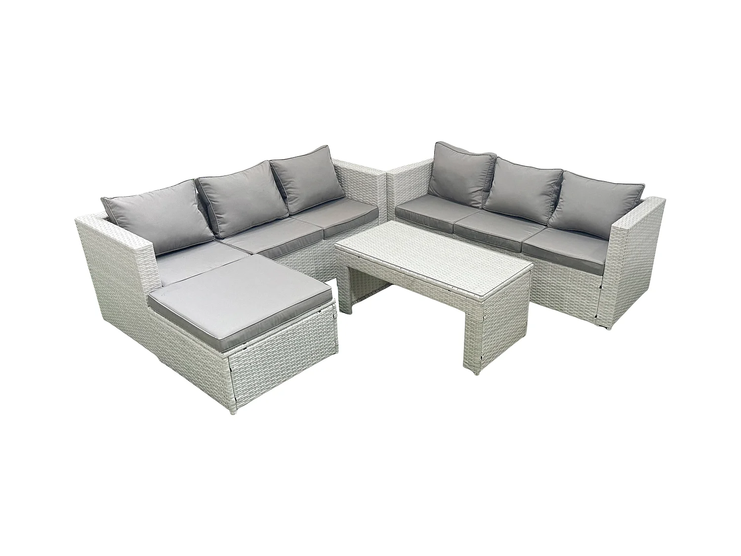 7 places Salon de Jardin Extérieur Canapé de jardin en rotin Table basse oblongue avec Grand tabouret Gris clair mixte