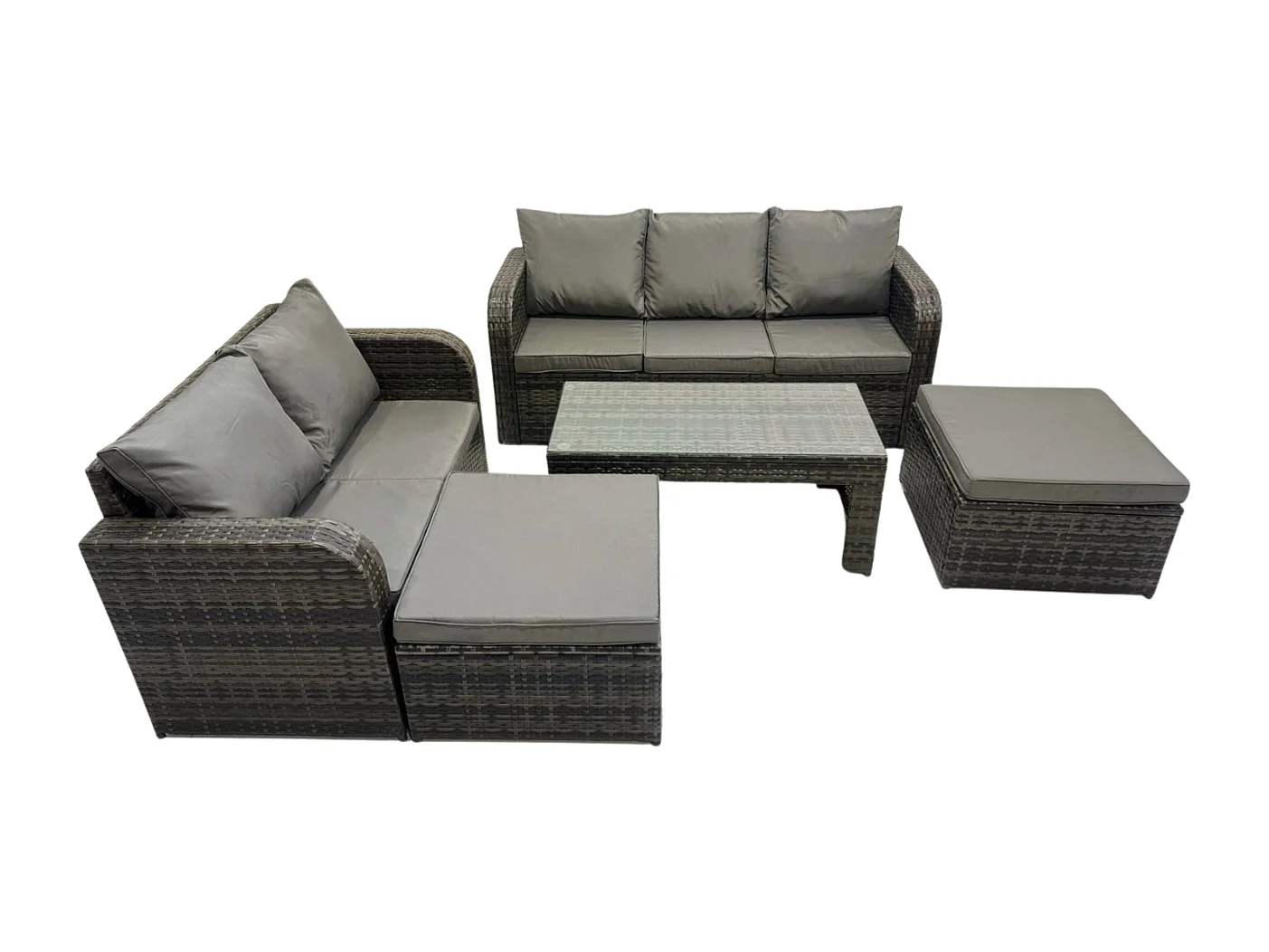 7-Sitzer Polyrattan Gartenmöbelset mit Garten Lounge Set mit Rechteckiger Couchtisch 2 hohen Hockern Dunkelgrau Gemischt