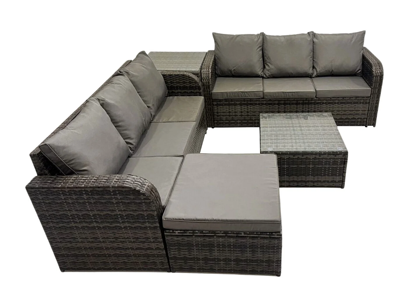 Meubles de jardin en rotin 7 places avec Gris Coussins Grand tabouret Table basse carrée d'appoint