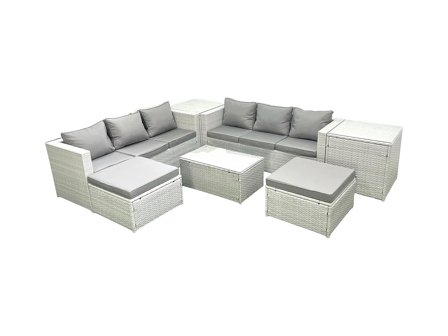 Garten Polyrattanmöbel Set 8-Sitzer Rattan Garten Sofa Set mit 2 hohen Hockern 2 Beistelltischen Hellgrau gemischt
