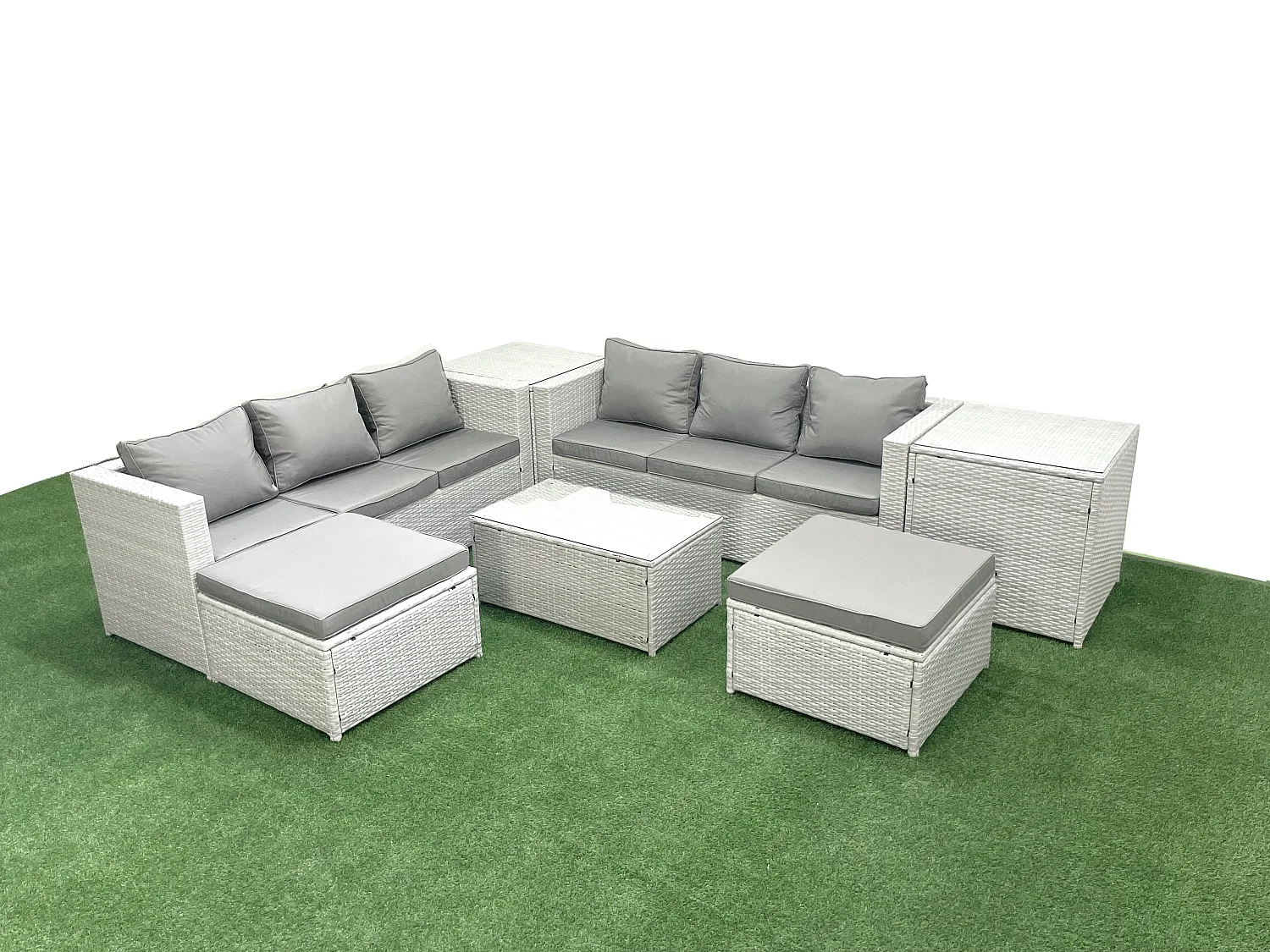 Garten Polyrattanmöbel Set 8-Sitzer Rattan Garten Sofa Set mit 2 hohen Hockern 2 Beistelltischen Hellgrau gemischt