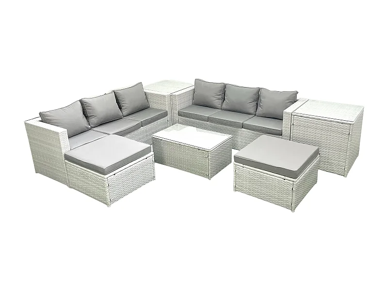 Ensemble de meubles d'extérieur en rotin 8 places avec 2 Grand tabourets 2 Tables d'appoint Gris clair mixte