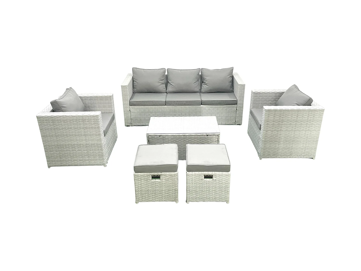 Salon de jardin avec Canapé 3 places 2 Chaise Table basse rectangulaire 2 Petits tabourets Gris clair mixte 7 places