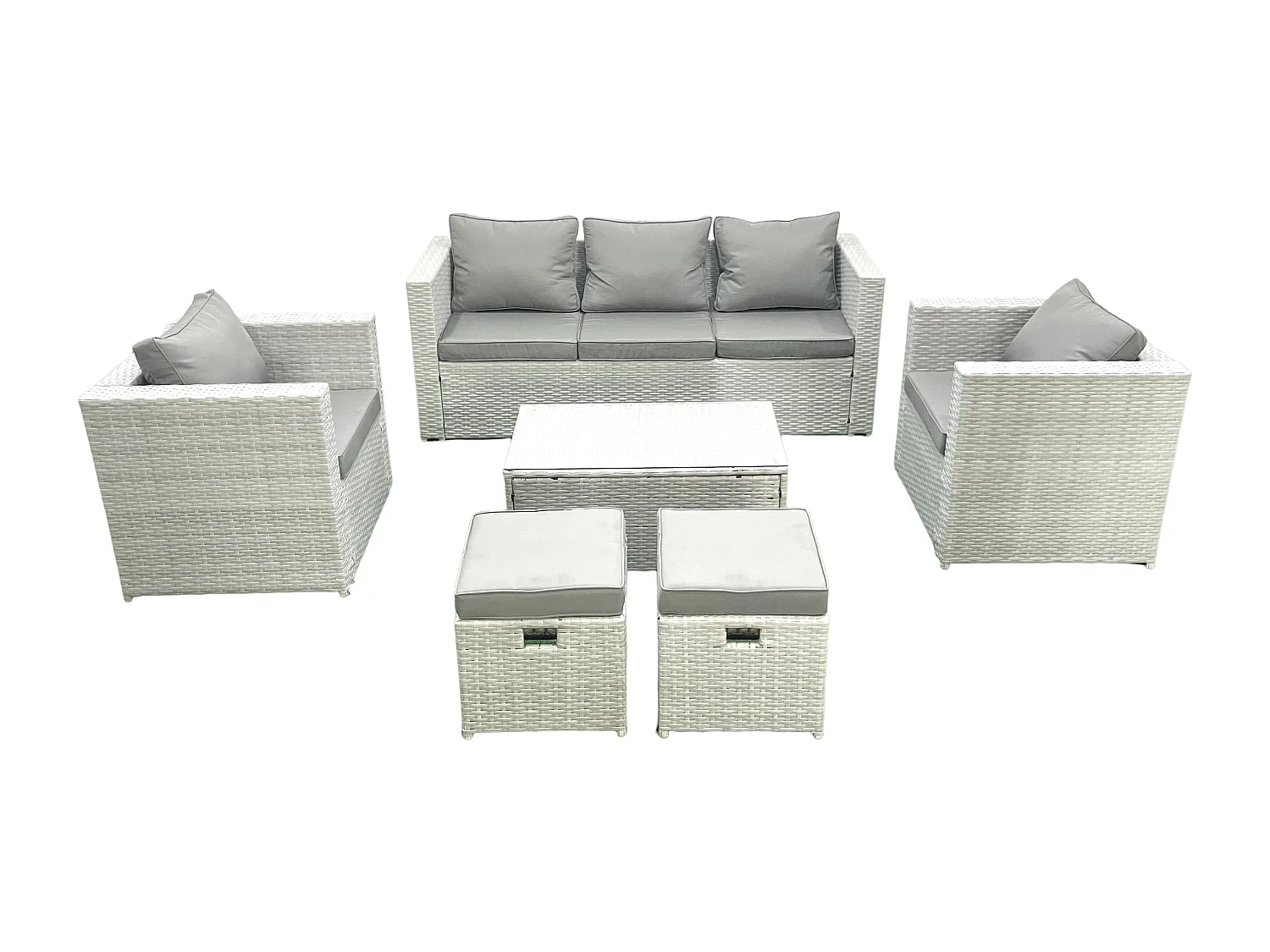 Salon de jardin avec Canapé 3 places 2 Chaise Table basse rectangulaire 2 Petits tabourets Gris clair mixte 7 places