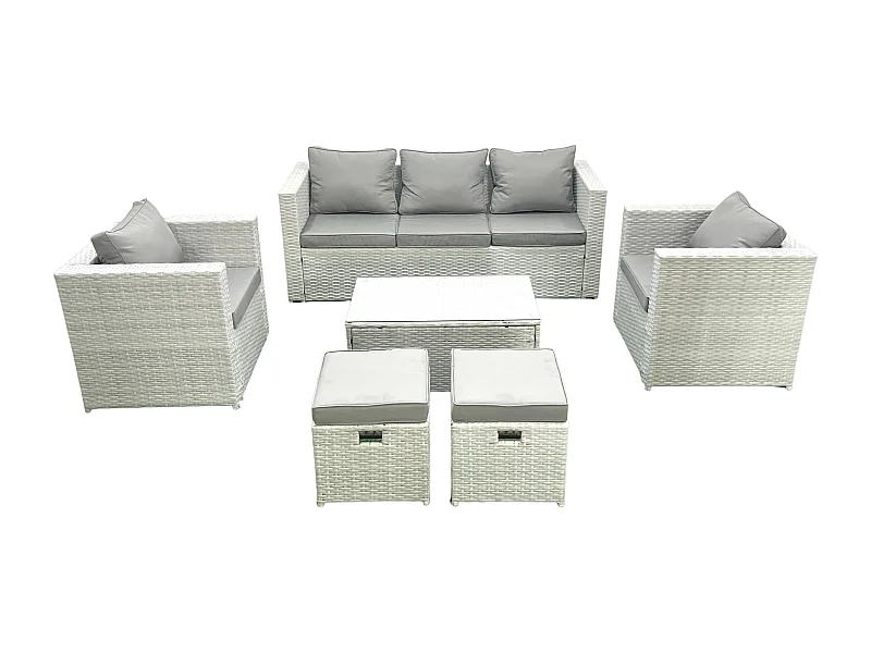 Salon de jardin avec Canapé 3 places 2 Chaise Table basse rectangulaire 2 Petits tabourets Gris clair mixte 7 places