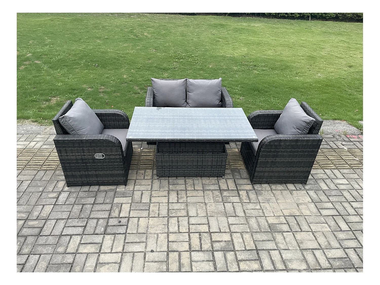Polyrattan Sitzgruppe Essgruppe Set höhenverstellbarer Tisch Love Sofa mit Liegestühle